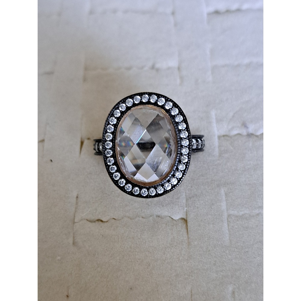 Freida Rothman Sterling Silver Oval Crystal Stone Pave Halo Cocktail Ring - Picture 3 of 4